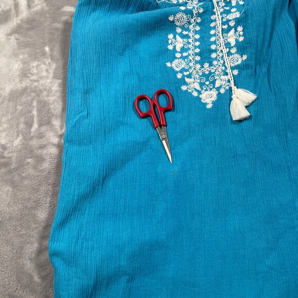 Pink Chicken Dress Womens Medium Blue Boho Hippie Gauzy Embroidered Flowy Tassel - Picture 9 of 13